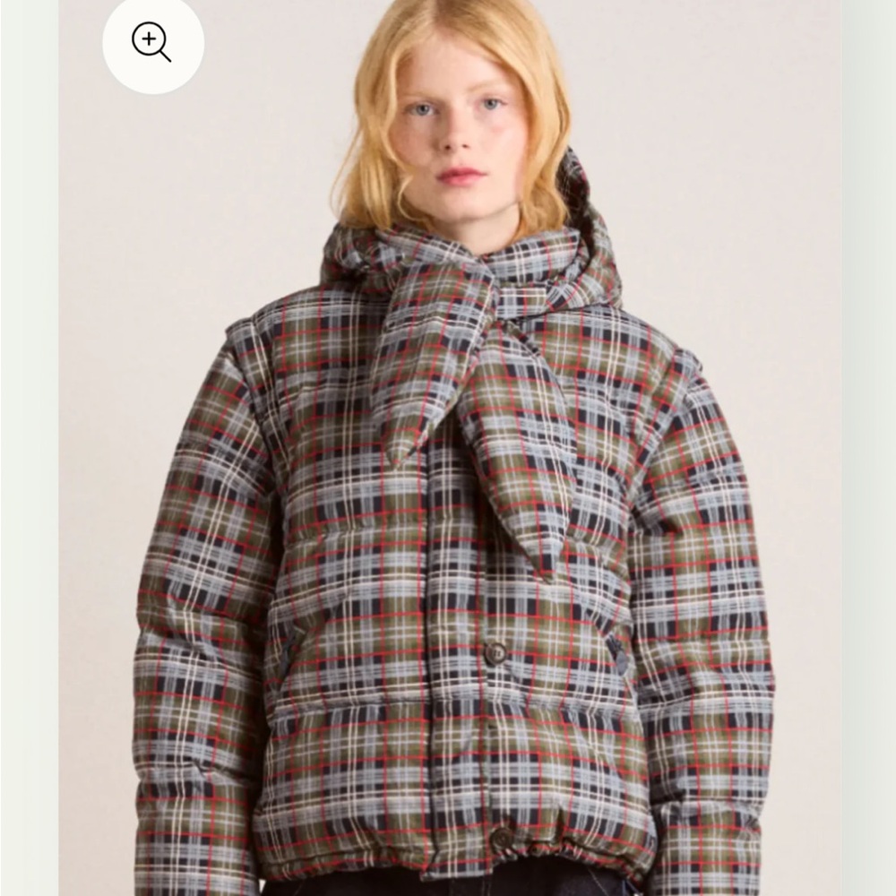 Plaid Puffer Bomber Jacket with Scarf Hood - Brown/Gray - Picture 2 of 16